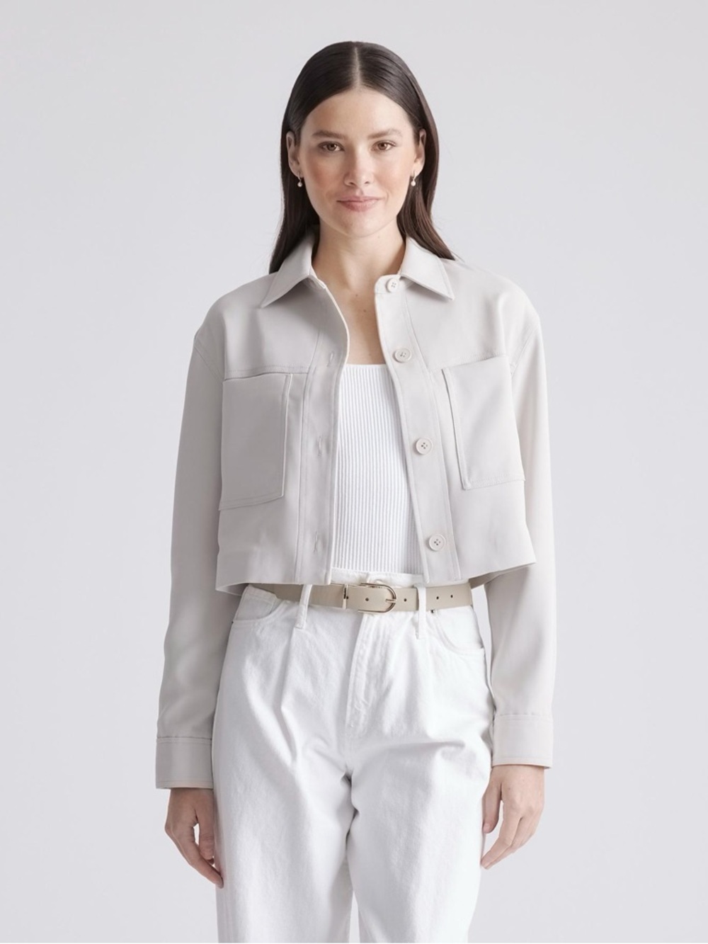 Quince Stretch Crepe Cropped Blazer Jacket Womens XS Sand Beige